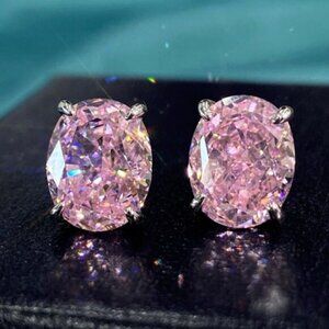 🎁925 Silver Plated Oval Pink CZ Wedding Stud Earrings, MLNN1044